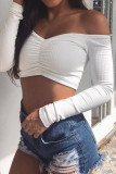 White Red Black Blue Pink Orange One word collar Long Sleeve Solid Tops