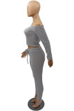 Grey Fashion Casual Solid Backless Off the Shoulder Long Sleeve Two Pieces