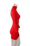 Red Sexy Solid Split Joint Turtleneck Wrapped Skirt Dresses