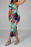 Colour Sexy Print Backless Halter Pencil Skirt Dresses