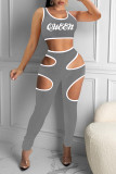 Pink Sexy Casual Letter Print Hollowed Out O Neck Sleeveless Two Pieces