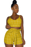 Yellow Polyester Fashion Ma'am adult Sexy Two Piece Suits Patchwork Plaid Straight Sleeveless Two-Piece Sh