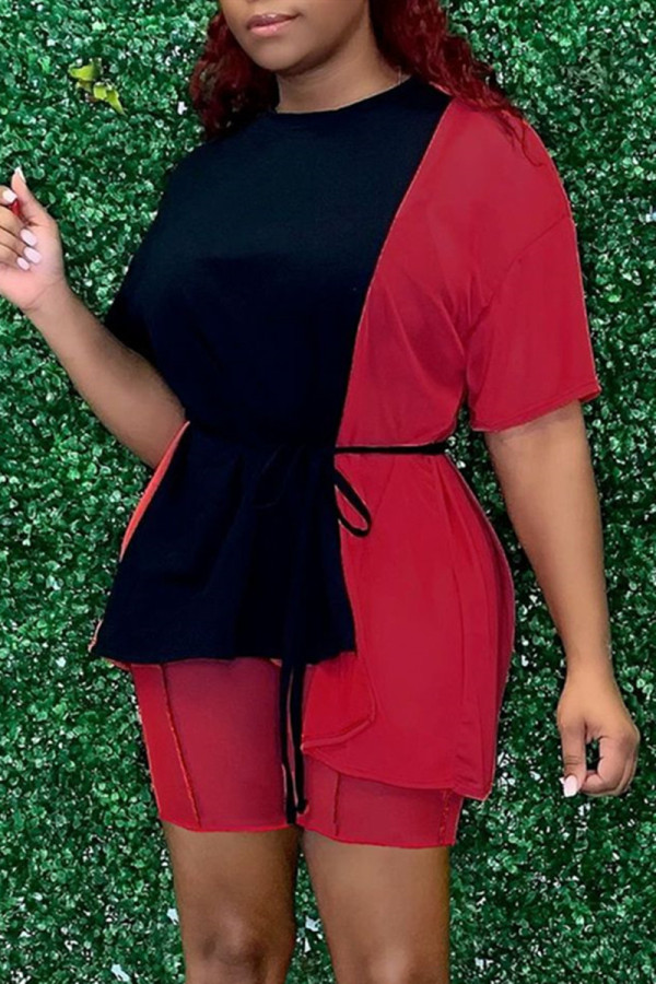 Red Fashion Casual Solid Patchwork O Neck Long Sleeve Two Pieces