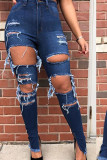 Dark Blue Denim Zipper Fly Mid Hole washing pencil Pants Bottoms