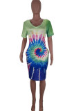 Yellow Milk. Fashion Sexy Red Blue Yellow Cap Sleeve Short Sleeves V Neck Straight Knee-Length Print Tie and dye Dresses