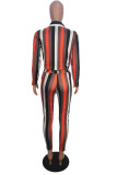 Orange Sexy Striped Print Turndown Collar Long Sleeve Two Pieces