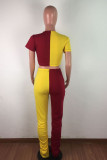 Red and yellow Cotton Blends Street Patchwork Solid Draped contrast color pencil Short Sleeve Two Pieces