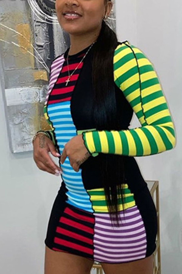 Multicolor Street Print Patchwork O Neck Pencil Skirt Dresses