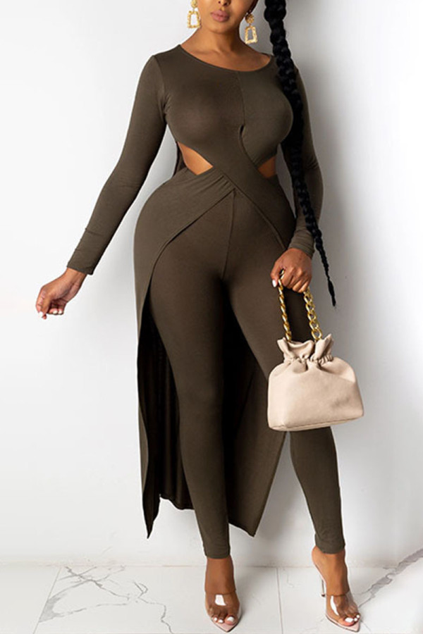 Olive Green Casual Solid Hollowed Out O Neck Long Sleeve Two Pieces