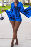 Blue Fashion Casual Print Basic V Neck Regular Long Sleeve Romper