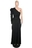 Black Polyester One Shoulder Collar Long Sleeve Solid Draped asymmetrical
