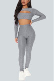 Grey Sexy Solid Hollowed Out O Neck Long Sleeve Two Pieces