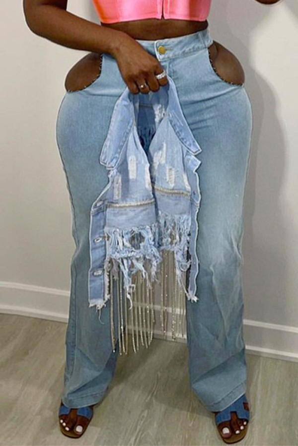 Light Blue Fashion Casual Solid Hollowed Out Plus Size Jeans