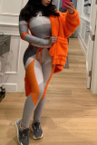 Orange Sportswear Print Letter O Neck Long Sleeve Two Pieces