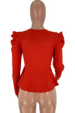 Red Polyester V Neck Long Sleeve asymmetrical Patchwork Solid Long Sleeve Tops