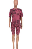 Red Living Print O Neck Long Sleeve Two Pieces