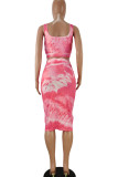 Pink Polyester Fashion Casual adult Ma'am O Neck Print Two Piece Suits Stitching Plus Size