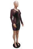 Color Blue Work Daily Solid Hollowed Out Patchwork See-through Pencil Skirt Dresses
