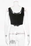 Black Sexy Solid Patchwork Square Collar Tops