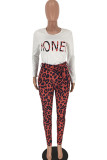 Red Polyester Casual Letter Two Piece Suits Print pencil Long Sleeve Two-piece Pants Set