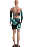 Green Polyester Fashion Sexy Off The Shoulder Long Sleeves One word collar Hip skirt Mini Print backless
