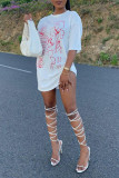 White Fashion Casual Print Basic O Neck T-shirt Dress