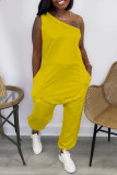 Red Casual Solid Backless One Shoulder Sleeveless Regular Jumpsuits