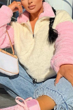 Pink Street Solid Patchwork Turndown Collar Tops
