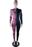 Black Sexy Print Patchwork Half A Turtleneck Skinny Jumpsuits