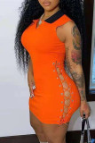 Orange Fashion Sexy Solid Hollowed Out Turndown Collar Sleeveless Dress