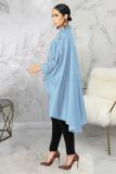 Light Blue Polyester Fashion adult Sexy Cap Sleeve Long Sleeves Mandarin Collar Swagger Mid-Calf Solid Patchwor