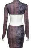 Black Street Print Patchwork O Neck Long Sleeve Mini Pencil Skirt Dresses