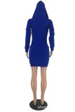 Blue Sexy Patchwork Draw String Hooded Collar A Line Dresses