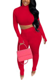 Red Fashion Sexy Adult Polyester Solid Split Joint Turtleneck Long Sleeve Cap Sleeve Short Two Pieces