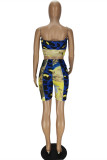 Deep Blue Fashion Sexy Print Patchwork Backless Spaghetti Strap Sleeveless Two Pieces
