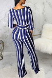 Blue Fashion Sexy Adult Polyester Striped Split Joint With Belt V Neck Loose Jumpsuits