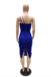 Blue Fashion Sexy Solid Patchwork Fold Square Collar Sling Dress