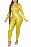 Yellow Fashion Street Adult Polyester Solid Split Joint V Neck Skinny Jumpsuits