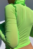 Khaki Street Polyester Solid Split Joint O Neck Mid Waist Tops