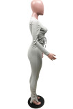 Grey Fashion Casual Adult Solid Draw String Fold O Neck Long Sleeve Regular Sleeve Regular Two Pieces