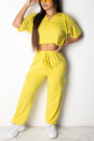 Yellow Fashion Casual Solid Basic Hooded Collar Short Sleeve Two Pieces