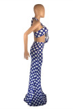 Blue Fashion Sexy Dot Print Backless Halter Sleeveless Two Pieces
