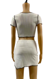 Cream White Sexy Print Hollowed Out Square Collar Short Sleeve Two Pieces