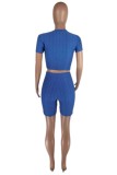 Blue Casual Sportswear Solid Basic O Neck Short Sleeve Two Pieces
