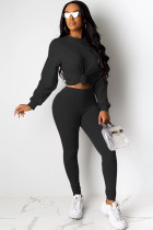 Black Polyester Sexy Solid Two Piece Suits pencil Long Sleeve Two-piece Pants Set