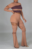 Purplish Red Fashion Casual Patchwork Ripped O Neck Long Sleeve Two Pieces