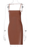 Brownness Casual Solid Frenulum Backless Spaghetti Strap Sling Dress Dresses