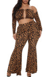 Brown Fashion Sexy Print Hollowed Out Strapless Long Sleeve Two Pieces