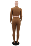 Coffee Casual Solid Patchwork Mesh Half A Turtleneck Long Sleeve Two Pieces