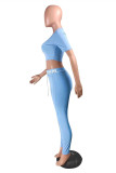 Light Blue Fashion Casual Letter Print Basic O Neck Short Sleeve Two Pieces
